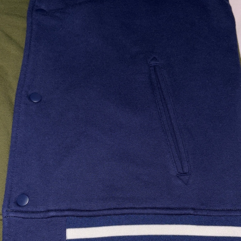 Champion Kids' Two-Tone Varsity Jacket - Olive, Navy, and Gray EUC - Picture 6 of 7